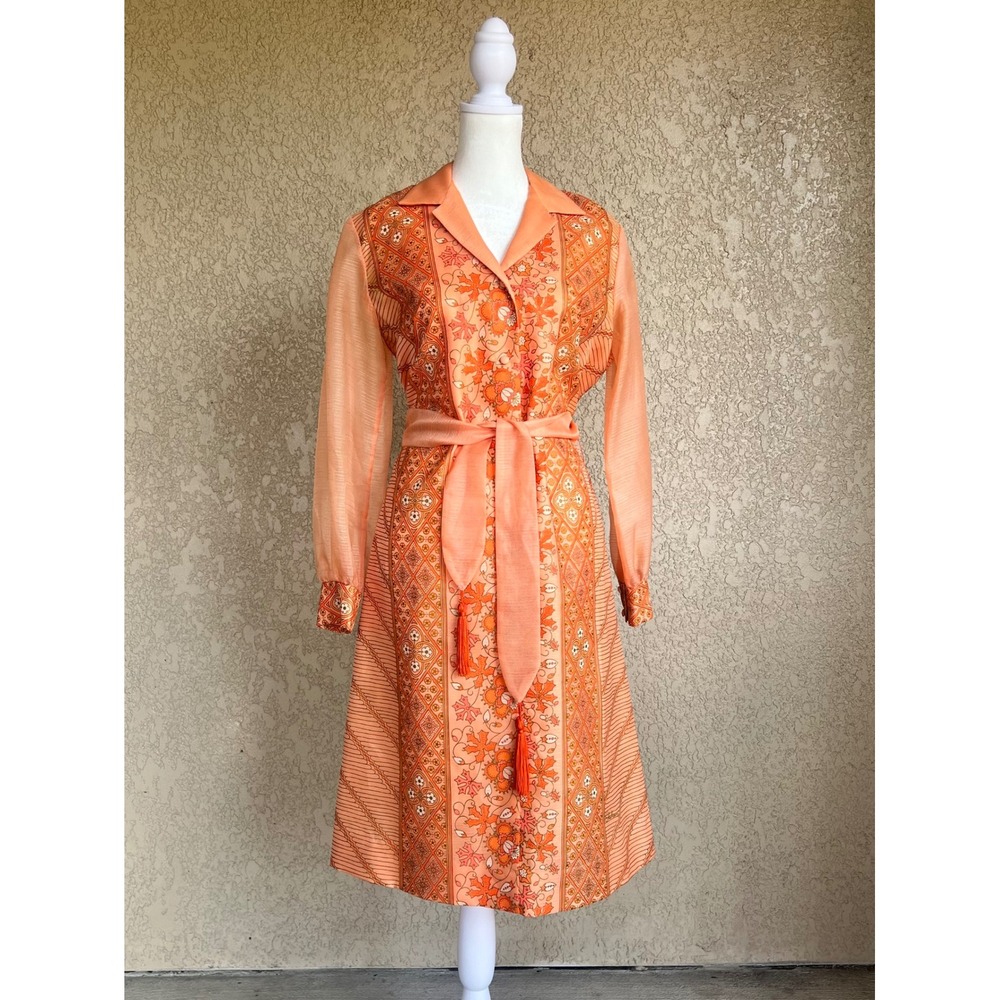 Vintage 1970s Alfred Shaheen Orange Batik Floral Tassel Belt Midi Dress Size M
